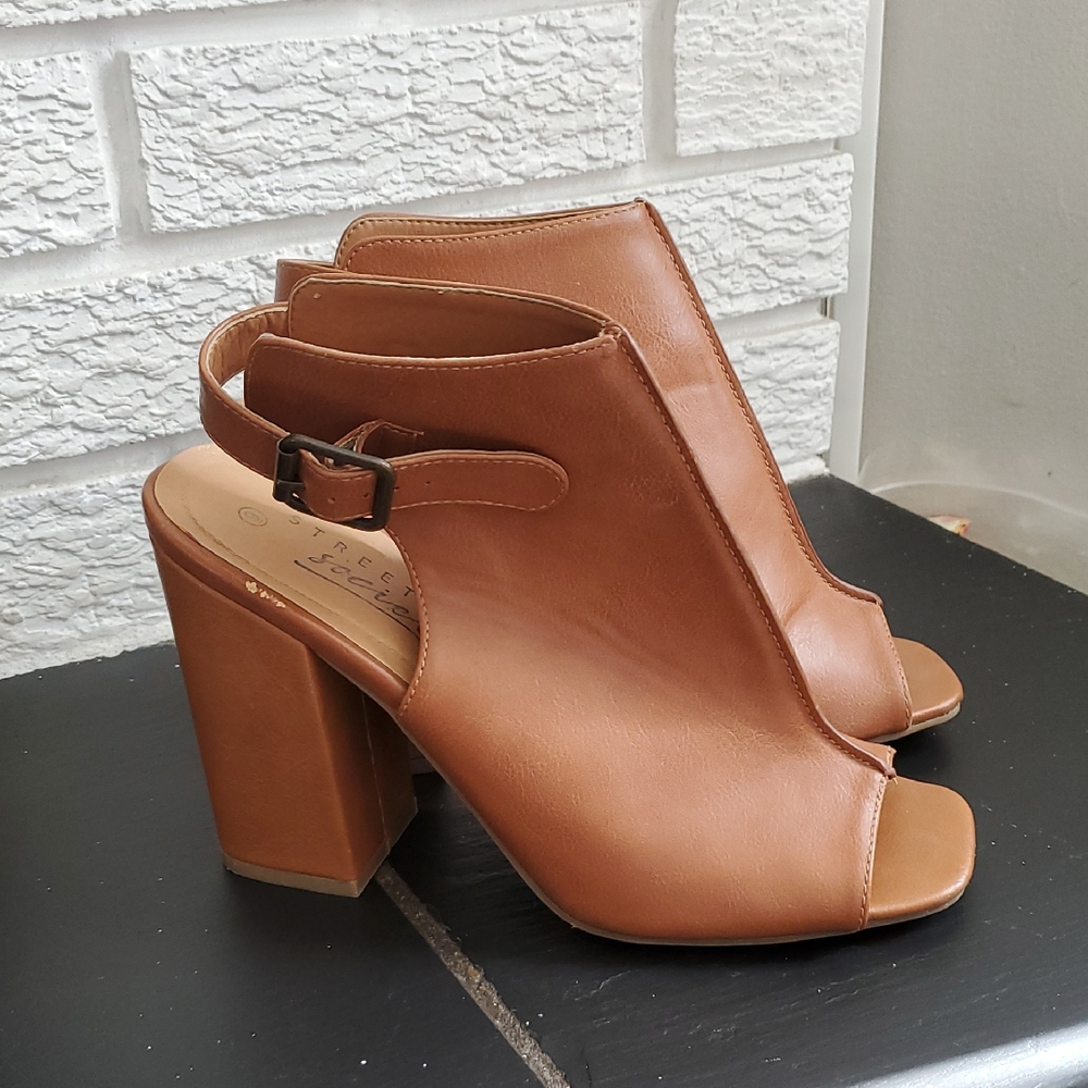 Streetwear Society Women’s Open-Toe Block Heel Sandals in Brown Sz 9 Coquette